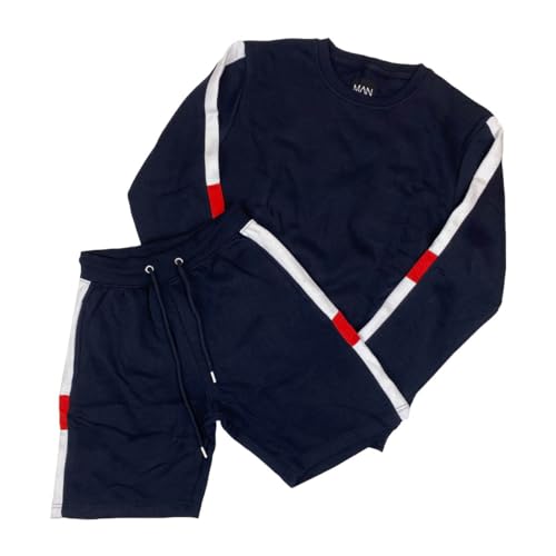 Conjunto de sudadera y pantalones cortos para hombre, bloque de color en azul marino/rojo/blanco, grande, Azul Marino/Rojo/Blanco, L