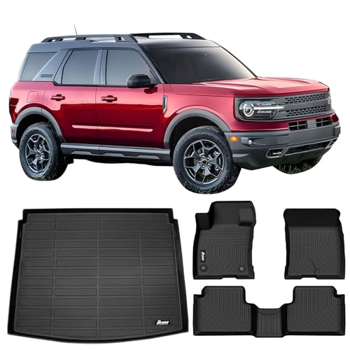 IKON MOTORSPORTS 3D TPE Floor Mats & Cargo Trunk Liner, Compatible with 2021-2025 Ford Bronco Sport, All Weather Waterproof Anti-Slip Floor Liners, Heavy Duty Rear Tray Cargo Mats Protector, Black