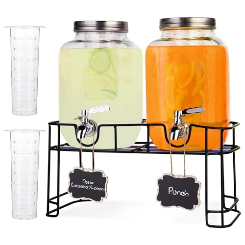 Waudace - Dispensador de bebidas de cristal doble 4 L, fuente con soporte, grifo y tapa de acero inoxidable, filtro, ideal para agua, cócteles, ponche y jugo en bodas, fiestas y eventos Waudace - Dispensador de bebidas de cristal doble 4 L, fuente con soporte, grifo y tapa de acero inoxidable, filtro, ideal para agua, cócteles, ponche y jugo en bodas, fiestas y eventos
