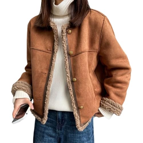 Women's Faux Suede Sherpa Jacket Elegant Round Neck Button Up Jacket Fuzzy Thick Warm Short Coat