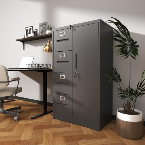 Metal Storage Vertical Filing Cabinet with Lock, Steel File Locker with 4 Drawers and 1 Door for School, Living Room, Bedroom, Office (Black, 4 Drawers and 1 Door)