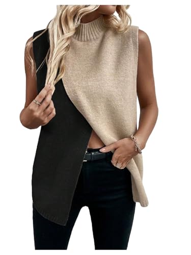 MakeMeChic Women's Sweater Vest Mock Neck Colorblock Wrap Sleeveless Split Hem Fall Tops