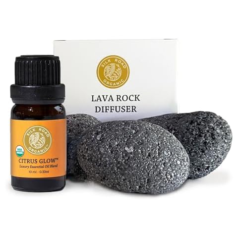 Natural Lava Rock Passive Diffuser & Organic Citrus Glow Essential Oil Citrus & Vanilla - Uplifting & Energizing - 100% Natural Volcanic Aromatherapy by Silk Road Organic Cover