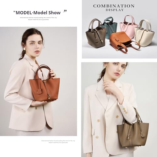 Genuine Leather Lock Design Bucket Bag Vegetable Basket Shoulder Handbag3