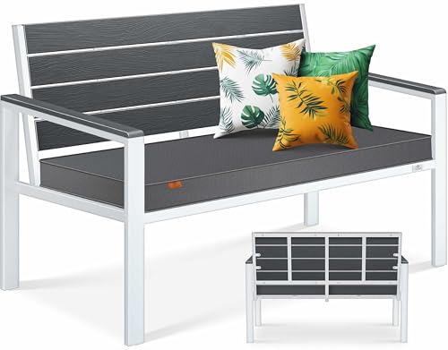 KESSER® Gartenbank mit Kissen – Sitzbank Wetterfest 2-Sitzer Parkbank in Holzoptik Balkonbank für Garten Terrasse Balkon bis 300 kg belastbar UV-beständig inkl. abnehmbarem & waschbarem Polsterbezug