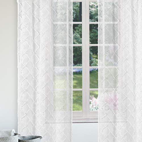 Lala + Bash - Lilly Semi-Sheer Printed Star Diamond Linen Textured Pole Top Window Curtains For Living Room & Bedroom - Assorted Colors - (38 X 96 Inch - White) #TOP2