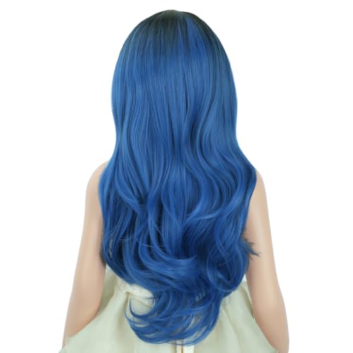 Image of PATTNIUM Black Ombre Blue Wig for Kids Girls Long Curly Wigs Dark Blue Middle Part Heat Resistant Synthetic Wigs Halloween Cosplay Costume Party Wig