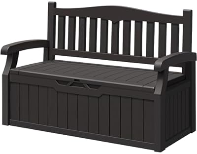 Greesum 70 Gallon Storage Bench Outdoor Deck Box with Armrest, Patio Furniture,Lockable, Waterproof and UV Resistant, Suitable for Garden, Pool, Brown
