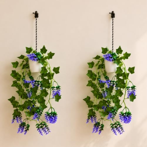 Image of fancymart Artificial Hanging Ivy Plant with White Hanging Pot & Rope, 60 cm Height, Pack of 2, Realistic Green Leaf Creeper for Home, Office, Living Room & Wall Decor