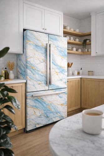 Image of VOOY Self-Adhesive Kitchen Wallpaper, PVC 3D Wall Sticker Oil Proof & Waterproof, Kitchen Backsplash Stickers Wallpaper Navy Blue and Golden Marble Pattern (60cm x 200cm) (Pack of 2) (TS-80)
