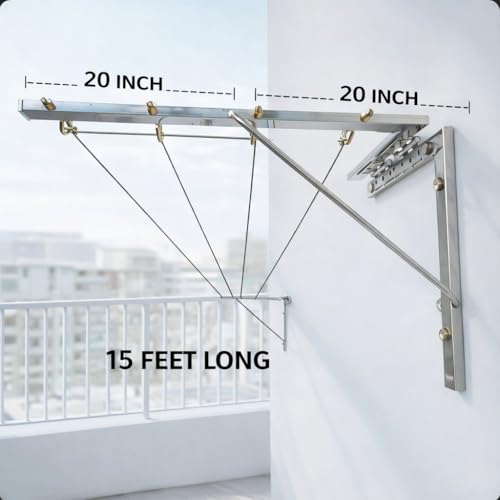 Image of Stainless Steel Heavy Duty Foldable Wall Mount Cloth Drying Stand-Wall Stand for Cloth Dress Drying-Cloth Dryer Stand for Balcony-Collapsible Stainless Steel Wall Mount Space Saving Cloth Drying Rack