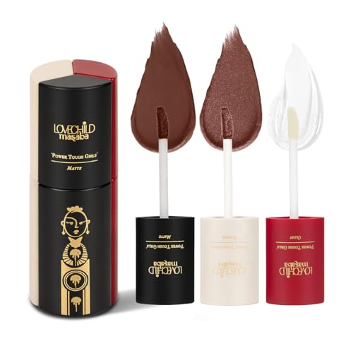 LoveChild Masaba 3-in-1 Lip Combo, Power Tough Girls, Go-For-It (Dark Brown) Liquid Lipstick Combo Set, Matte, Shimmer & Gloss, enriched with Hyaluronic Acid, Long Wear, Travel Friendly, 24ml