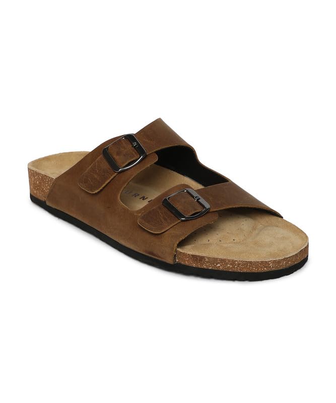 Image of HF JOURNEY Men's Vasco Double Strap Cork Footbed Sandals - Adjustable Buckle Slip-On Comfort Slides (Size 41-46)