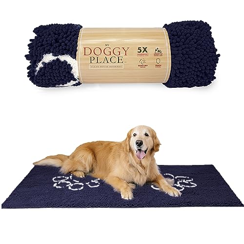 My Doggy Place Microfiber Dog Mat for Muddy Paws, 60" x 36" Navy Blue with Paw Print - Non-Slip, Absorbent and Quick-Drying Dog Paw Cleaning Mat, Washer and Dryer Safe - X-Large/Runner