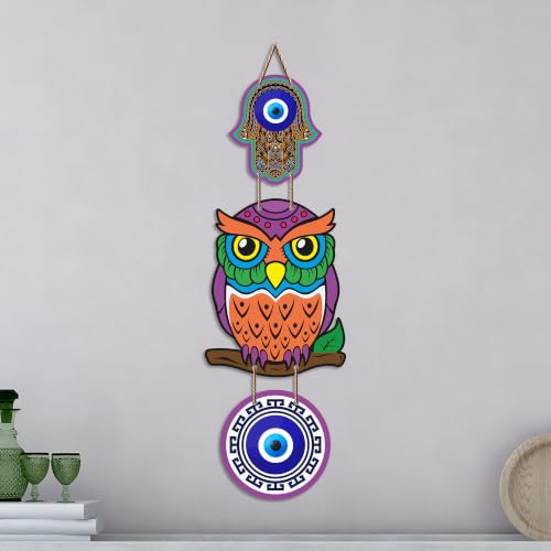 Image of Artvibes Decorative Owl Evil Eye Wall Hanging for Home Entrance | Nazar Battu MDF Wall Decor for Positive Energy | Lucky Owl Vastu Wall Art for Living Room | Bedroom | Hallway | Gift Item (WH 8523N)