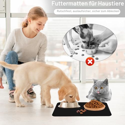 TNOMSNO 2 Stück Napfunterlage für Hund & Katze, 48x30cm Set Silikon Hundenapf Unterlage Wasserdichte Rutschfeste Fütterungsmatte in Schwarz&Grau
