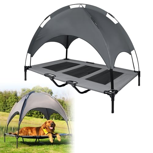UISEBER Hundebett Erhöhtes Haustierbett 122 x 92 x 102 cm Hundeliege Outdoor mit Überdach für große Hunde bis 60 kg Wasserdicht Hundebetten für Innen und Außen Grau +Schwarz【XL】