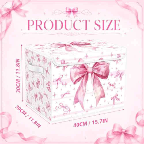 Image of Briwooody Pink Bow Storage Bin with Lid and Carrying Handle Coquette Basket