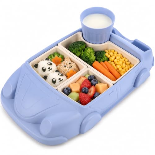Totority Bamboo Fiber Car-Shaped Kids Plate with Divided Sections & Water Cup, Non-Toxic, Dishwasher Safe for Picky Eaters, Toddlers, Daycare Meals