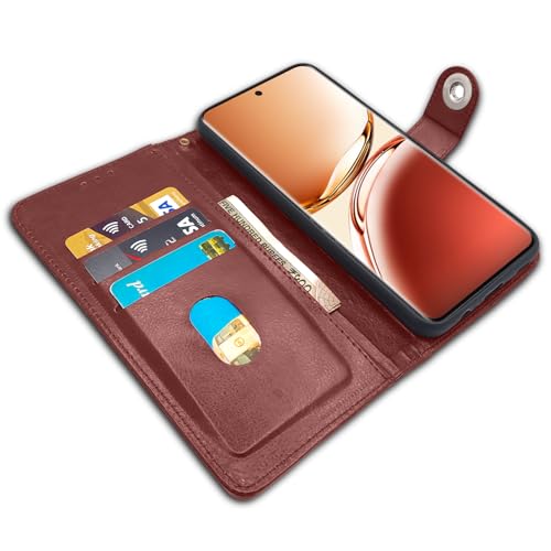 Image of Pikkme Flip Cover Leather Finish | Inside TPU with Card Pockets | Wallet Stand and Shock Proof | Complete Protection Button Flip Case for Oppo F27 Pro Plus 5G (Brown)