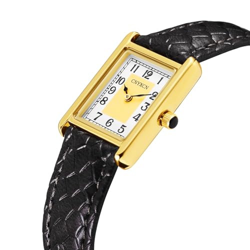 CNYXCN Women's Leather Strap Watch Vintage Gold Watches for Women Easy-Read Numeric Dial,Water-Resistant（Gold-Black）