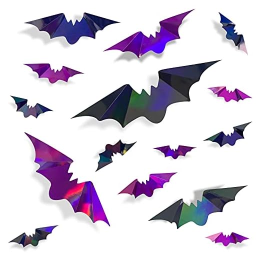 72Pcs Bats Halloween Decoration Iridescent 3D Bats Wall Decor Black Purple Holographic Paper Decorative Bat Wall Art Decals Stickers Spooky Bats for Halloween Home Room Decor Party Decoration Supplies
