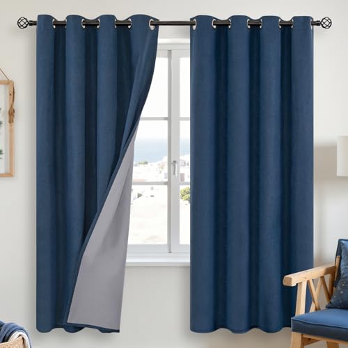 YoungsTex Blue Linen Blackout Curtains for Bedroom 78 Inches Long, Full Light Blocking Drapes for Living Room Windows Thermal Insulated with Grommet, 2 Panels, 52 X 78 Inch