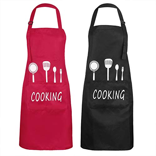 MengH-SHOP Grembiule da Cucina Impermeabile con 2 Tasche Uomo Donna Regolabile Grembiule da Chef per Cucina Ristorante Barbecue Giardinaggio Artigianale Cottura 2 Pezzi (Rosso e Nero)