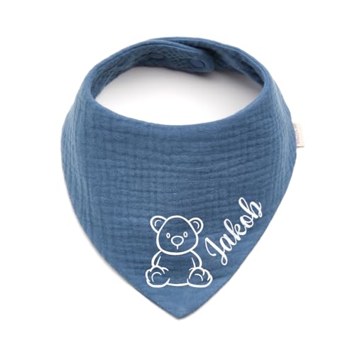 Personalisiertes Dreieckshalstuch aus Baumwolle/Musselin | Teddybär mit Namen | Halstuch für Jungen, Mädchen | Viele Farben (Indigo)