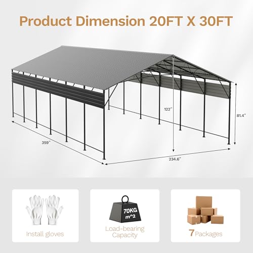 Image of Greesum 20x30FT Heavy Duty Metal Carport with Side Support Rods, Car Port with Vertical Steel Roof for All-Weather Use, Canopy Shelter for Car, Pickup Trucks, Party, Boats, Black