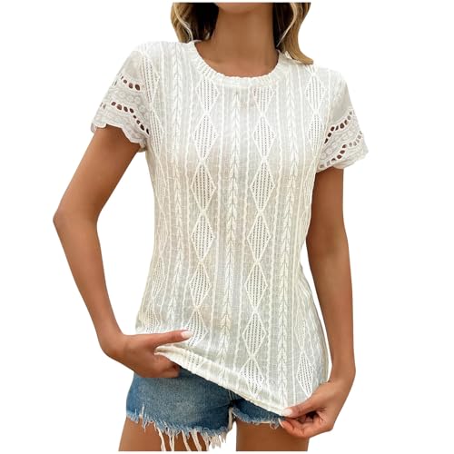 Loose Fit Shirts for Women Fall Summer Short Sleeve Boat Neck Cut Out Eyelet Plain Tops Shirt Blouse Women 2025