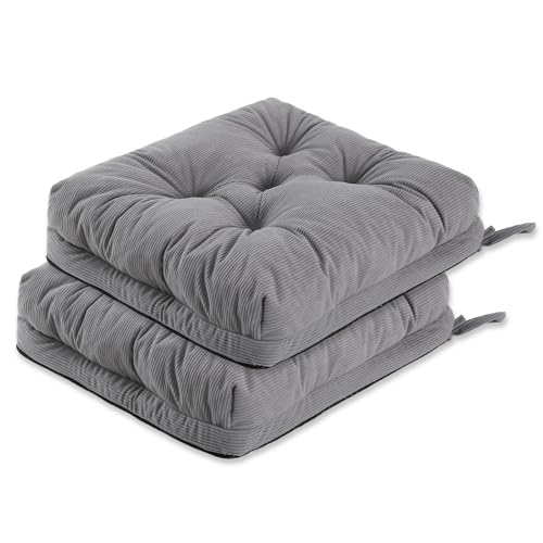 PRIMEPATIO Chair Cushions for Dining Chairs Set of 2, Tufted Overstuffed Textured Booster Foam Chair Pad with Ties and Non-Slip, 8cm Thick Seat Cushions for Kitchen, Garden, 40x40cm, Light Gery