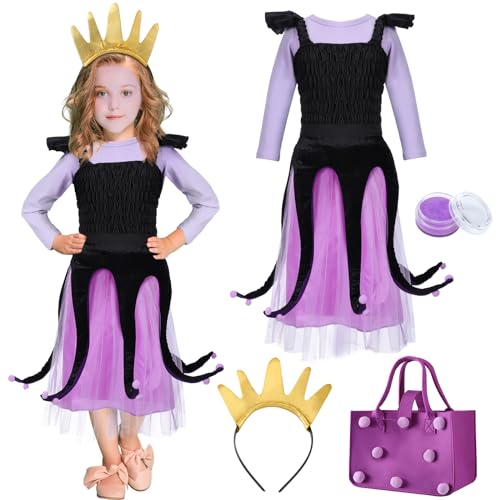 Panitay 5 Pcs Girls Halloween Witch Costume Set Purple Octopus Cosplay Dress Outfit Black Purple Party Skirt for Kids(Medium)