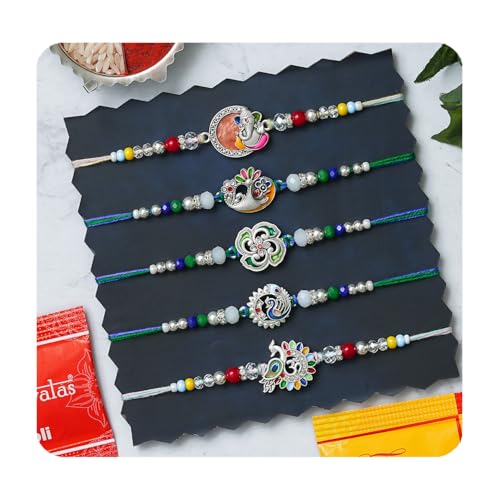 Image of Rakhi for Brother Set of 5 Rakhi With Roli Chawal and Best Wishes Card