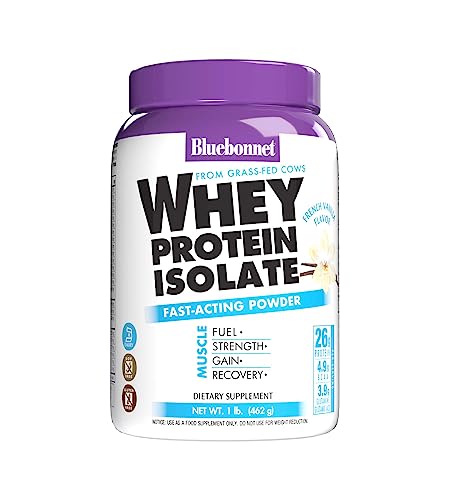 Bluebonnet Grass Fed Whey Protein Isolate 26 g Energy & Workout Recovery BCAA Amino Acids - Gluten-Free, Non-GMO, Soy-Free Vanilla Protein Powder for Women & Men - 14 Servings