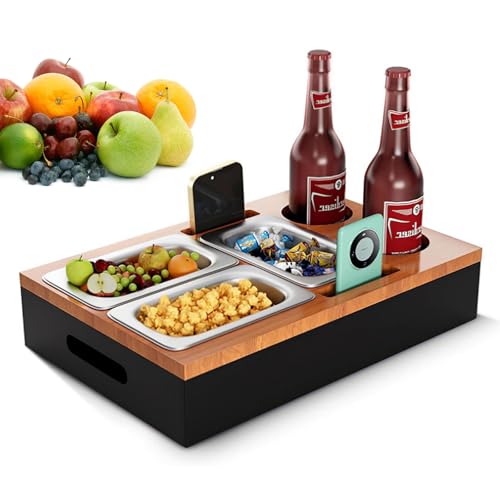 LeuKoles Couch Bar, Wooden Couch Organiser with Stainless Steel Snack Bowls, Drink and Remote Control Holder, Sofa Butler for Living Room