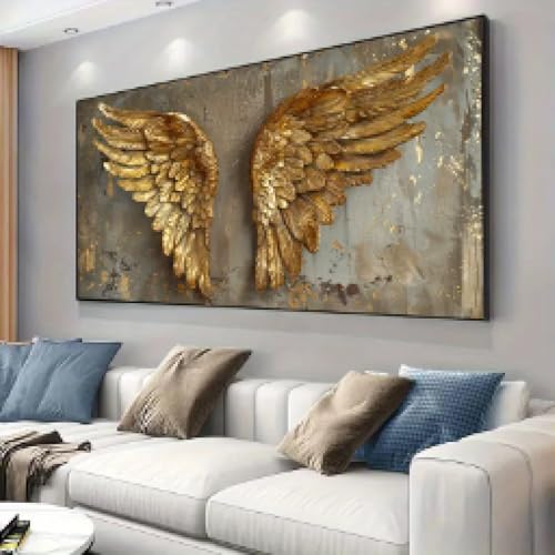 KEMEIQI Großes Leinwandbild, goldene Engelsflügel, Used-Look, elegante Wanddekoration für Wohnzimmer und Schlafzimmer, modernes Dekor, 70 x 140 cm,...