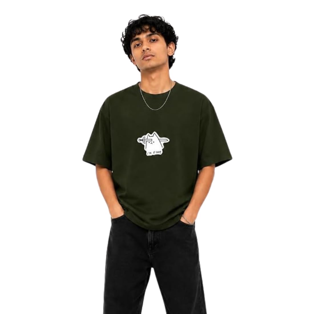 StitchVaults™ I'm Fine Minimal Cat Oversized Tee for Men | Green Cotton T Shirt | Round Neck Half Sleeve Graphic Tee | Funny Meme Cat Printed Casual Wear
