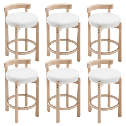 Image of CIMOTA 26.5 inch Counter Height Bar Stools Set of 6 | Mid Century Modern Low Back Bar Chairs with Solid Wood Legs & Sherpa Upholstered Seat, Kitchen Island Stools, White