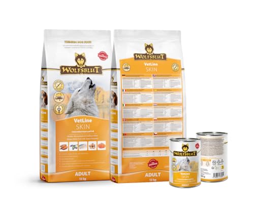 Wolfsblut Vetline Hundefutter - Skin & Coat, 12kg + 6x395g - Sparbundel, Sparpaket - inklusive Warnicks Tierfutterservice Hundesnack Goodie