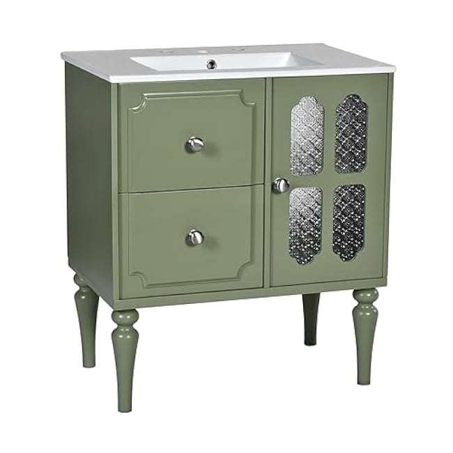 Retro Style 30'' Bathroom Vanity with Ceramic Sink Combo and Til-Out Drawer, Freestanding Single Vanity Set, Solid Wood Frame Bathroom Storage Cabinet (Green + Ceramic+MDF + Retro)