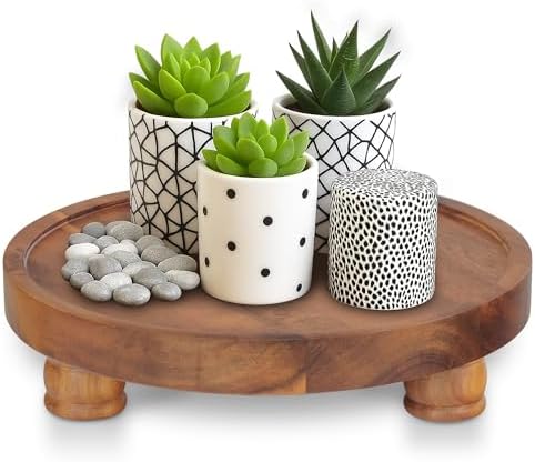 Demigo 10" Acacia Wood Round Tray - Decorative Plant Stand, Farmh...