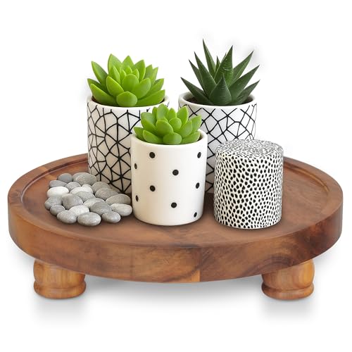 Demigo 10 Acacia Wood Round Tray - Decorative Plant Stand Farmhouse Countertop Organizer Multi-Purpose Display Pedestal Riser Board for Soap Perfume Candles Sponge Bathroom Kitchen