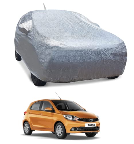 Image of Auto Hub Waterproof Car Cover Compatible with Tata Tiago with Front Antenna & Mirror Pocket, Soft Cotton Lining, Waterproof Tiago Car Cover- Metallic Silver