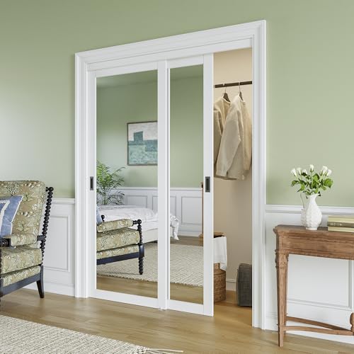 60 x 80 Paintable Sliding Closet Door 1-Lite One-Side Mirror Bypass Door Panel with Hardware Track Kit & Floor Guide Solid Wood Slab Pre-Assembled for Kitchen/Bedroom/Laundry Black Handle
