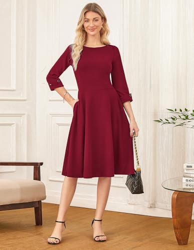 GRACE KARIN Work Dresses for Women 2025 3/4 Sleeve Fit and Flare Business Midi Dress Classy Office Dresses with Pockets - Image 3