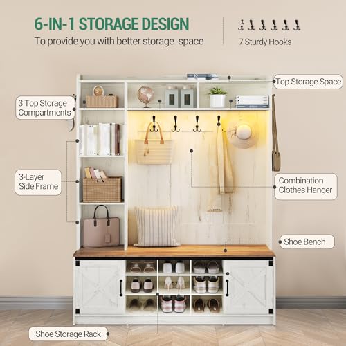 Hzuaneri 59.8" Hall Tree, LED Farmhouse Entryway Storage and Coat Rack Wood, Entryway Furniture with 7 Hooks, Hall Tree with Bench and Storage, 6 Storages Partitions Shoe Bench, Rustic White HT24814B
