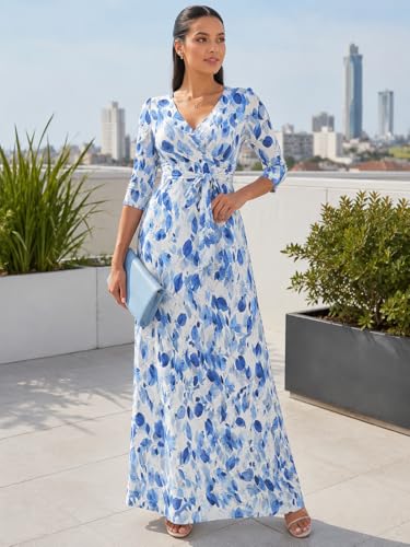 Image of Women's V Neck Floral Maxi Dress 3 /4 Sleeve Plus Size Boho Wrap Flowy Long Dresses with Belt