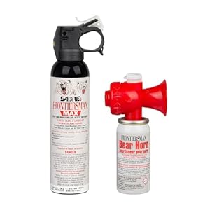 SABRE Frontiersman MAX 9.2 oz. Bear & Mountain Lion Attack Deterrent, Up to 40 ft Range, Contains 2% Major Capsaicinoids + Frontiersman Bear Horn (FBH-LT-AMZ) Kit, Glow-in-The-Dark Safety