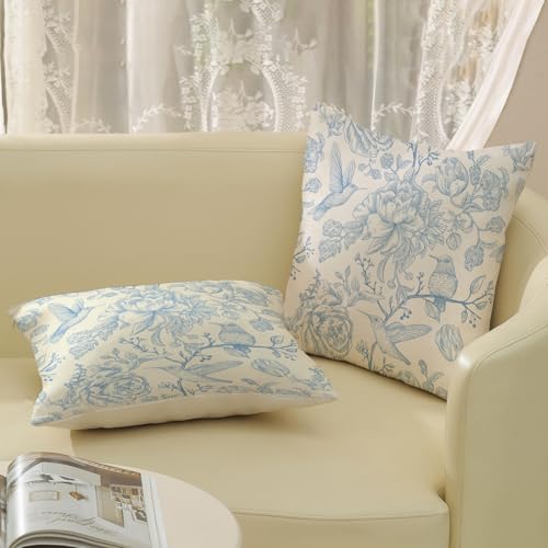 GOLIANDA Baby Blue Pillow Covers 18x18 Set of 2 Blue and Cream Chinoiserie Bird Floral Throw Pillows Outdoor Decor Vintage Hummingbird Flower Pillow Cases Linen Decorative Cushion Case for Couch Sofa by GOLIANDA - Used condition - Image 5